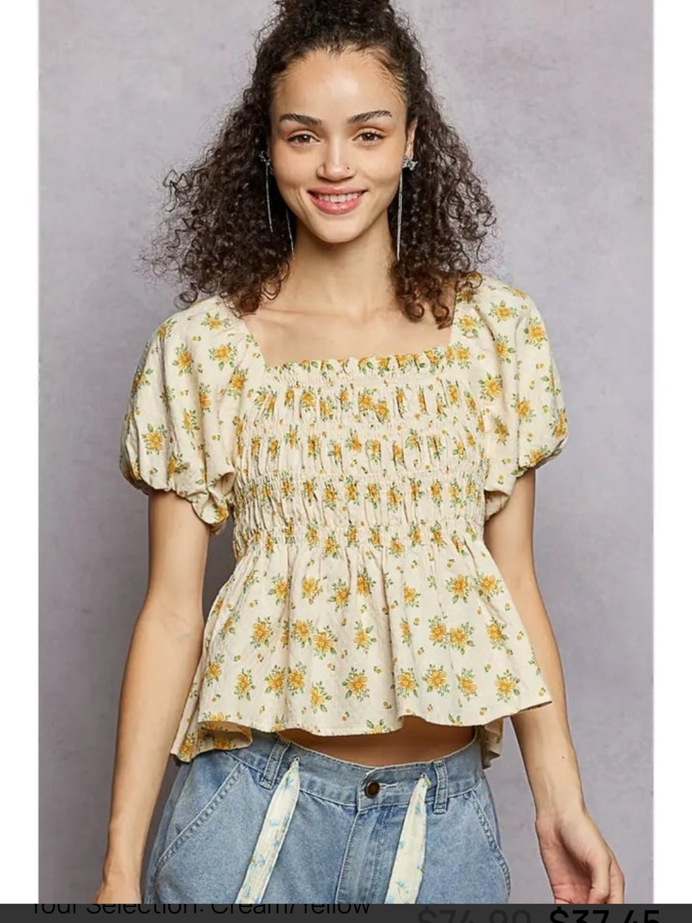 NEW!!! POL Cream Yellow Floral Smocked Square-Neck Top, NWT